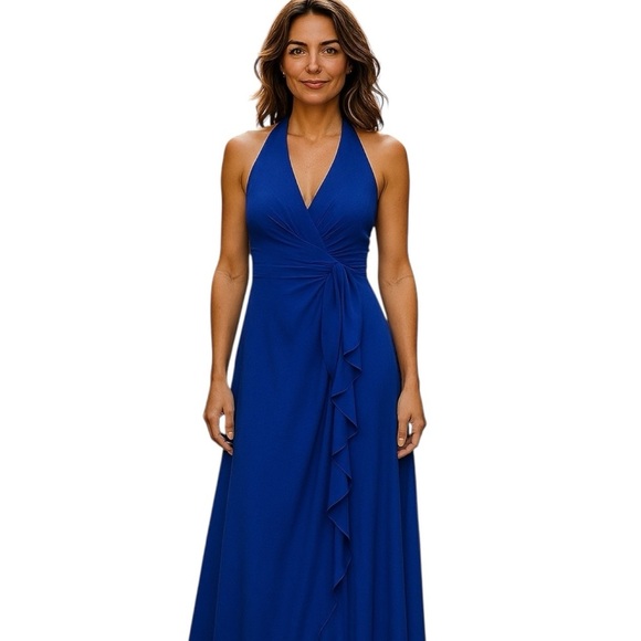 David’s Bridal Deep Blue Gown Size 8 Soft Crinkle Chiffon Halter Draped Cascade - Picture 1 of 13